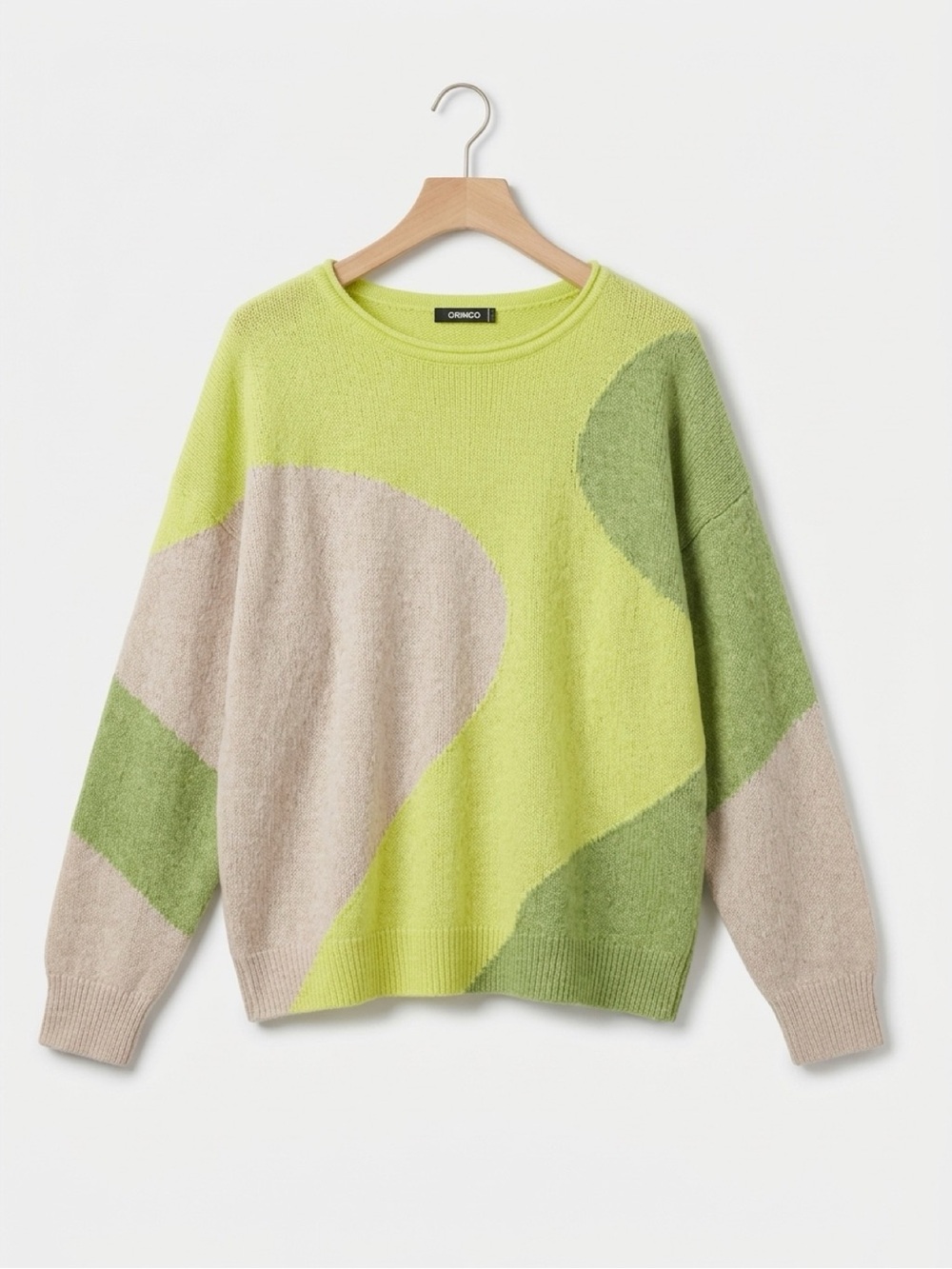 Colorblock Crewneck Sweater in Lime & Sage with Beige Accents